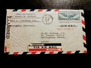 US Airmail Scott #C24 USA to Europe/Sweden Feb 1943 Wisconsin Airmail VF