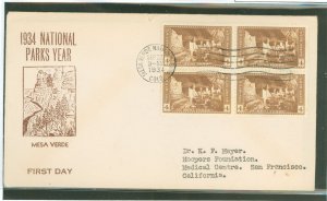 US 743 1934 4c Mesa Verde (part of the National Park series) block of four on an addressed first day cover with a Fairways cache