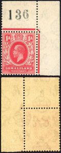 Somaliland SG74 1d Carmine-red Wmk Script M/M Sheet Number Example