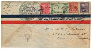 Prexie 2c,3c,10c, Clipper 20c airmail Wake Island to Calif., 1940