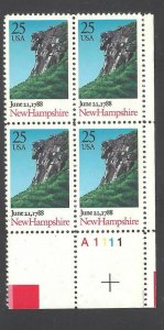 1988 New Hampshire Constitution Plate Block Of 4 25c Stamps, Sc# 2344, MNH, OG