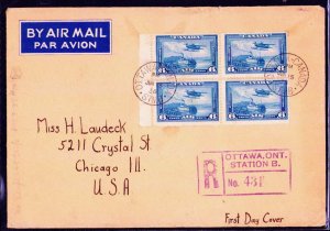 Canada #C6 6¢ Block 4 Air Mail Registered FDC  June 15 1938 Ottawa - USA