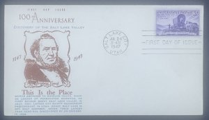 Scott 950 FDC 100th Anniv of Utah  wca Cachet