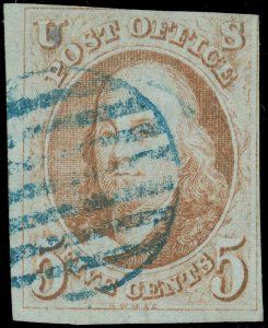 US SCOTT #1b, Used 3 Margin Copy, Blue Grid CxL, Crowe Cert, SCV $725 garyposner