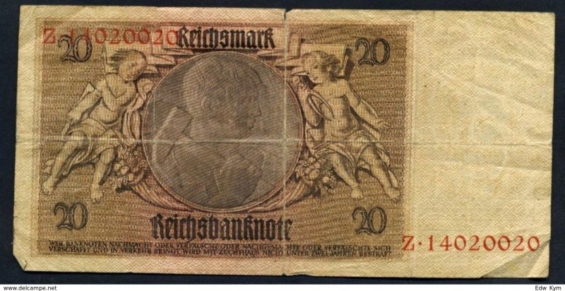 1929 Germany Banknote 20m Reichsmark (F-VF) Banknote Reichsbanknote With Faults