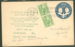 US 728/U348 1933 1c Century of Progress (Fort Dear born) pair on an addressed first day cover on a 1c Colombian envelope with a