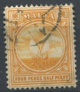 Malta Sc#43 Used, 4½p yel org, Definitives 1904-1914: King Edward VII (1911)