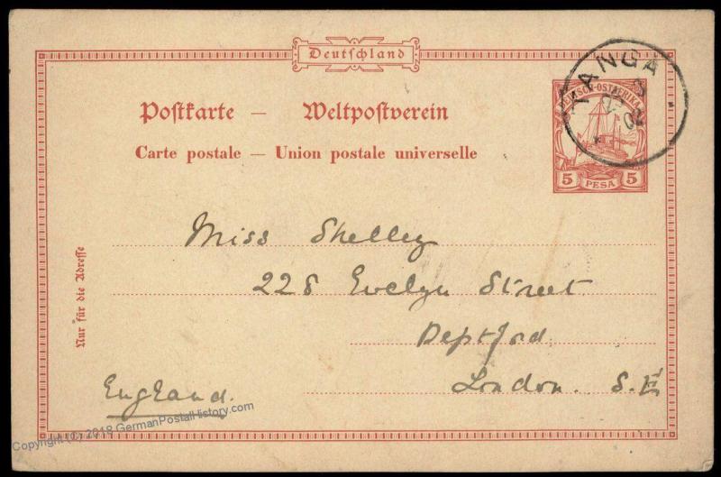 Germany 1902 East Africa TANGA DOA Postal Card Cover to LONDON UK 85507