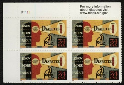 2001 Diabetes Awareness Plate Block of 4 34c Postage Stamps, Sc# 3503, MNH, OG