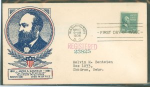 US 825 1938 20c James Garfield (part of the Presidential (prexy) Series) single on an addressed (typed) FDC with a Clifford cach