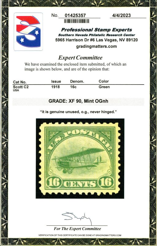 USA Scott #C2 PSE Graded Certificate XF 90  Mint NH SMQ $190 (53766) 
