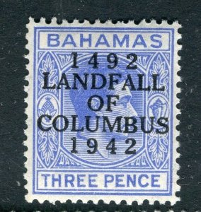 BAHAMAS; 1942 early GVI LANDFALL COLUMBUS issue Mint hinged 3d. value