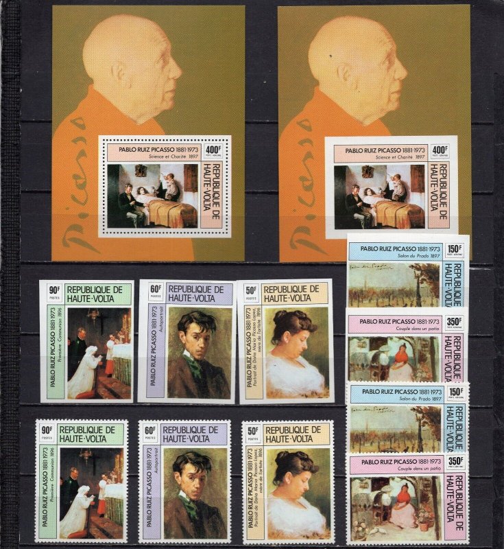 UPPER VOLTA 1975 PAINTINGS BY PICASSO 2 SETS OF 5 STAMPS & 2 S/S PER. & IMP. MNH