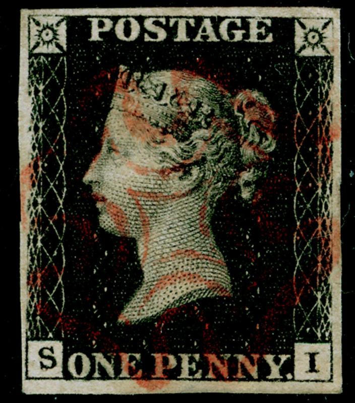 SG2, 1d black PLATE 6, FINE USED. Cat £400. RED MX. 4 MARGINS. SI
