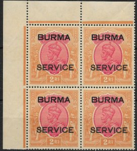BURMA SGO12w 1937 2r CARMINE & ORANGE OFFICIAL INV WMK BLK OF 4 MNH - FAULTS