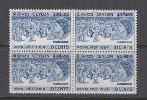 CEYLON, 1954 Royal Visit, 10c. Deep Blue, block of 4, mnh.