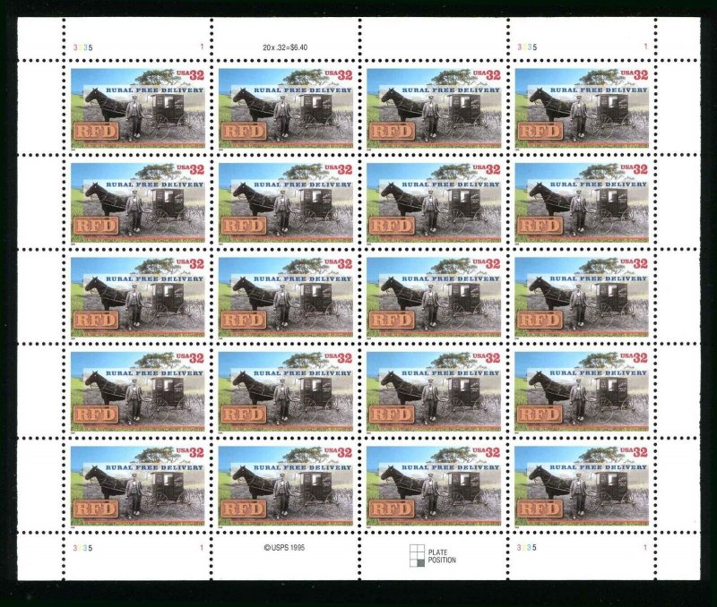 Scott 3090 Rural Free Delivery RFD 32¢ 1996 MNH Sheet of 20 