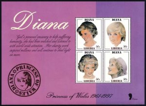 Liberia 1998 Sc N/L Diana Princess of Wales SS/4 Stamp**