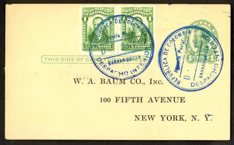 COLOMBIA 1927 1c Pair on US 1c Postal Card BARRANQUILLA to BAUM Co NYC USA