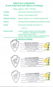 USPS FDC Ceremony Program #3054 C1E1 Yellow Rose Americover 3 Show Cancels 1997