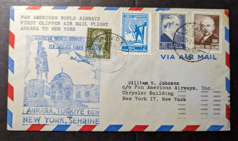 1947 Turkey Airmail First Flight Cover FFC Ankara to New York NY Pan Am Clipper