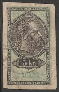 AUSTRIA  1875 5kr  Revenue Stamped Paper, cut-out with postmark/cancel