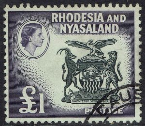RHODESIA AND NYASALAND 1959 QEII ARMS £1 USED