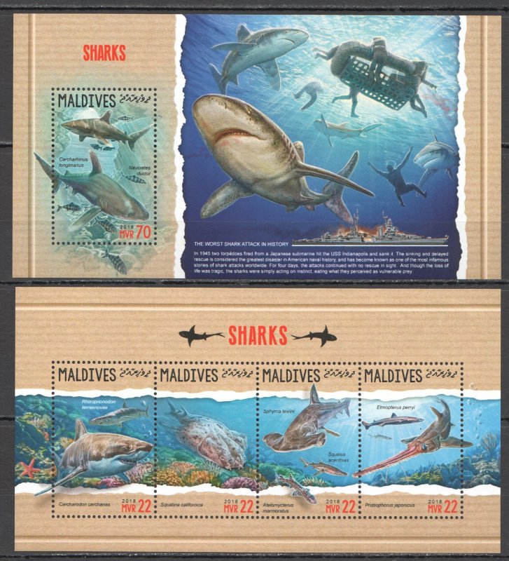 HM0535 2018 MALDIVES SHARKS ATTACKS MARINE LIFE FISHES FAUNA #7258-1+BL1117 MNH