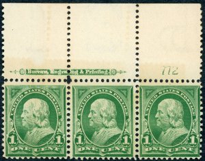 #279 – 1898 1c Franklin, deep green. Strip of 3 stamps w/Margin. MNH OG