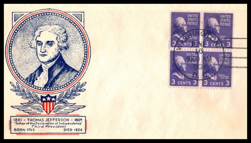 1938 Prexy Sc 807-58 with WSE Clifford cachet Presidential Series Jefferson (AS