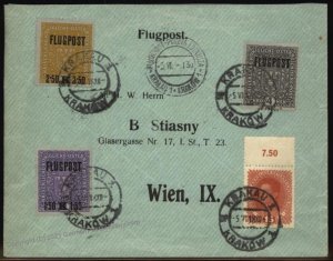 Austria 1918 Imperial First Airmail Set Flugpost Mi225-227 Cover Krakau P 105381