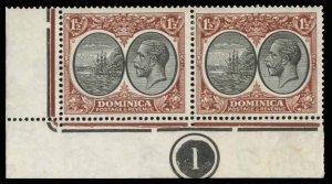 Dominica #69 Cat$31+, 1923 1 1/2p deep brown and black, bottom margin plate n...