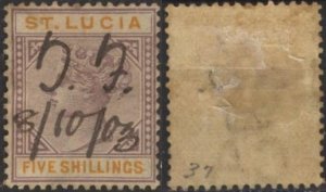 St. Lucia 38 (used, revenue cancel) 5sh Queen Victoria, lilac & orange (1891)