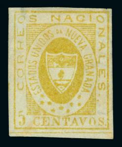 COLOMBIA 1860  Arms of New Granada   5c yellow  Scott # 14  mint MH