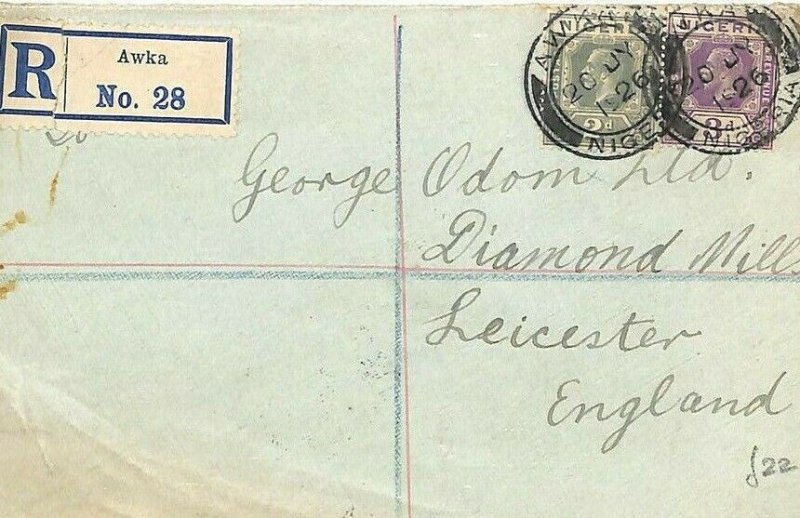 NIGERIA KGV Registered Franking *Awka* Cover GB *Diamond Mills* Leics 1926 GI164