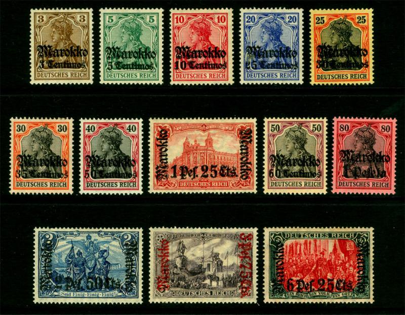 German Colonies -Offices in MOROCCO 1911 SURCHARGED set wmk Sc# 45-57 mint MH