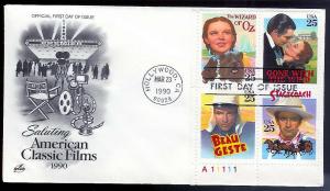 UNITED STATES FDC 25¢ Classic Films plate bloc 1990 Artcraft