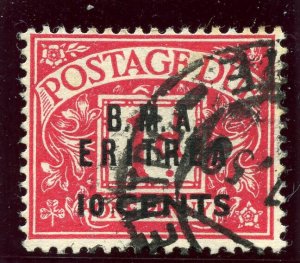 BOFIC - BMA Eritrea 1948 KGVI 10c on 1d carmine very fine used. SG ED2. Sc J2.