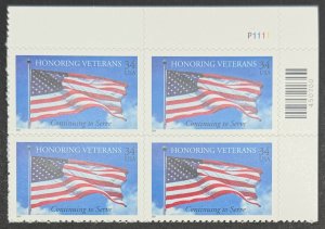 USA, 2001, SC# 3508, Plate Block, Honoring Veterans, MNH, VF