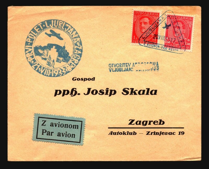 Yugoslavia 1933 First Flight Cover Ljubljana - Zagreb - Z16518