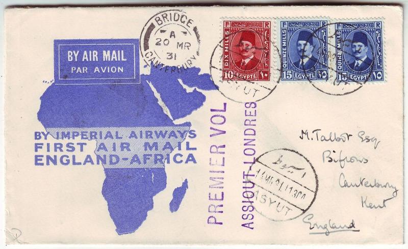 1931 Asyut Egypt to England First Flight Cover via Imperial Airways FFC