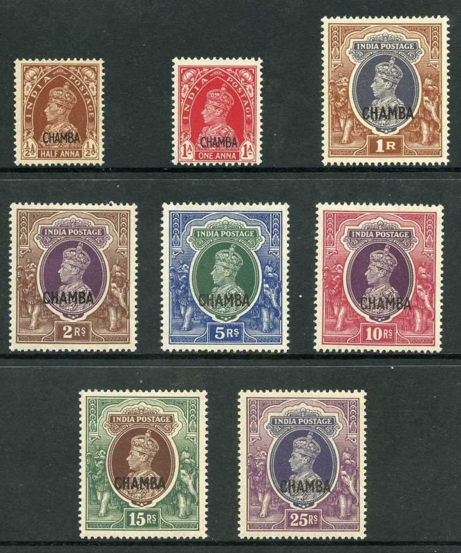 ICS CHAMBA SG100/7 1942 1/2a - 25r set of 8 Mint (The rupee values are all U/M)