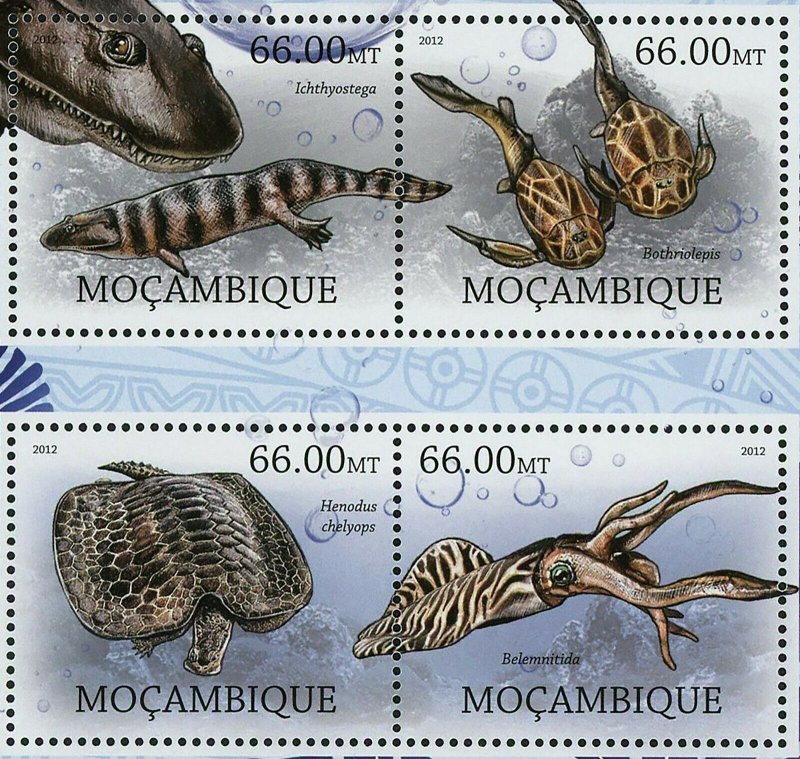 Extinct Marine Animals Stamp Ichthyostega Belemnitida Henodus Chelyops S/S MNH