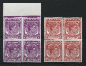 Singapore KGVI 1952 perforated 18  5¢ and 12¢ blocks of 4 unmounted mint NH 