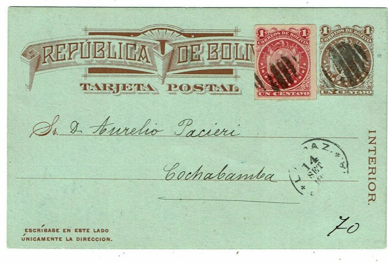 Bolivia 1888 La Paz cancel on uprated postal card to Cochabamba