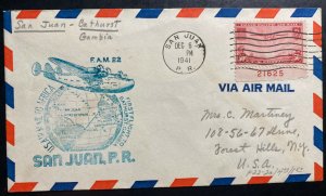 1941 San Juan Puerto Rico First Flight Airmail Cover FFC to Bathurst Gambia