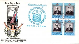 Philippines FDC 1958 - 12th Anniversary of RP - 4x20c Stamp - Block - F43465
