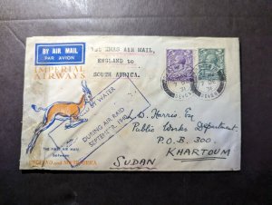 1931 England Airmail FFC Cover to Sudan Damaged by Water During 1940 Air Raid