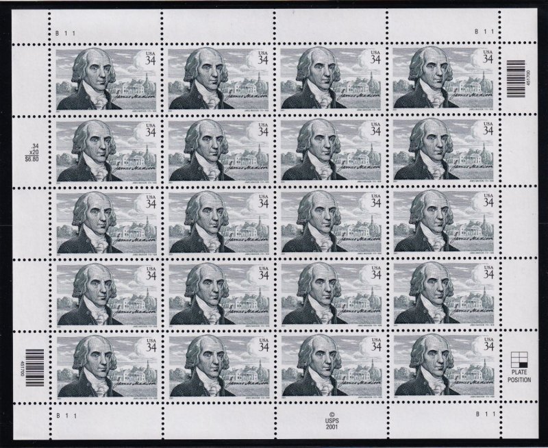 2001 James Madison & Montpelier Sc 3545 MNH 34c sheet of 20