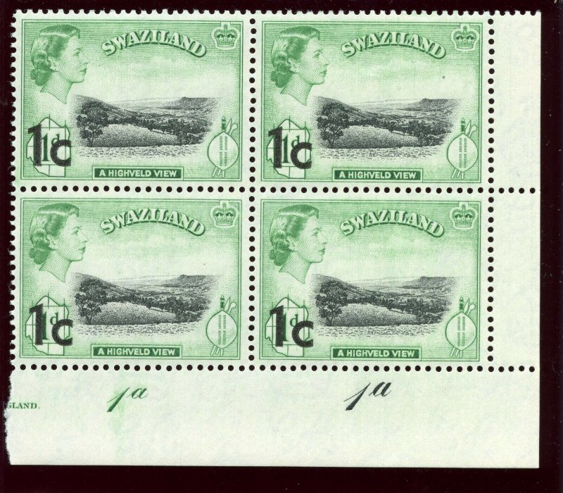 Swaziland 1961 QEII 1c on 1d black & emerald plate block superb MNH. SG 66.